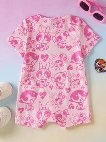 THE POWERPUFF GIRLS X SHEIN Áo liền quần tay ngắn cổ tròn in hình hoạt hình cho bé gái sơ sinh/trẻ nhỏ - Màu Hồng baby - Xem 2