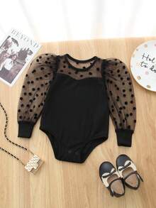 SHEIN Baby Girl Long Sleeve Polka Dot Mesh Contrast Knitted Bodysuit - Black - View 1