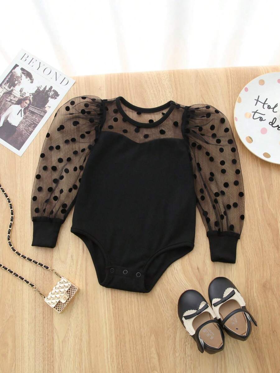 SHEIN Baby Girl Long Sleeve Polka Dot Mesh Contrast Knitted Bodysuit - Black - View 1