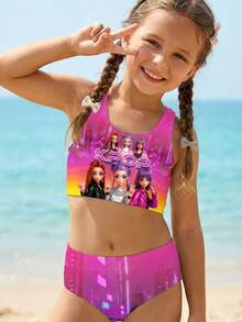 SHEIN Young Girl Letter & Cartoon Print Tankini Swimsuit Set, Suitable For Summer - Multicolor - View 1