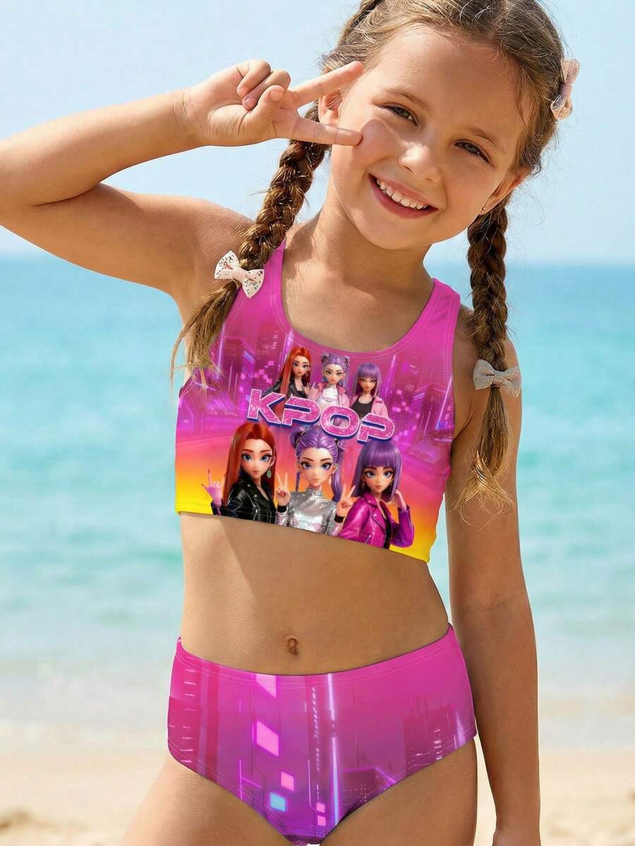 SHEIN Young Girl Letter & Cartoon Print Tankini Swimsuit Set, Suitable For Summer - Multicolor - View 1