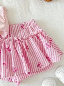SHEIN 2件套女婴/幼儿甜美可爱粉色针织吊带背心和条纹短裤/裙子套装，女婴夏季服装，套装 - 粉色 - 查看 3