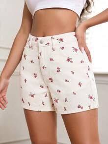 SHEIN PETITE 碎花直筒休闲短裤，带腰带环，夏季 - 白色 - 查看 4