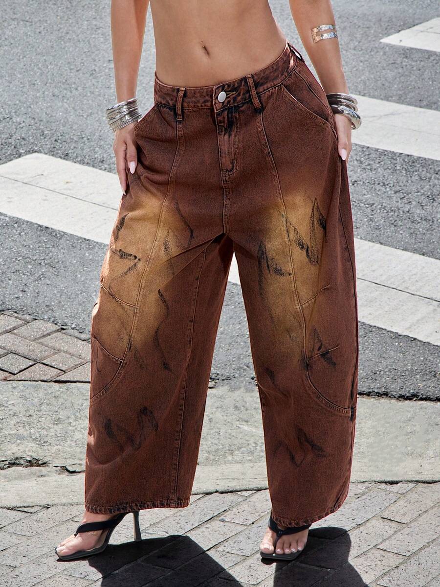 Denimoi Wide Barrel Leg Unique Washed Denim Jeans Fashionable Streetwear - Brown - View 1