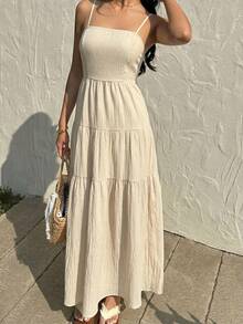 Sunnyshic Women's Yellow Spaghetti Strap Mid-Length Cinched Waist A-Line Dress, Casual Beach Holiday Vacation Versatile All-Match Spring Summer Back To School - Apricot - View 6