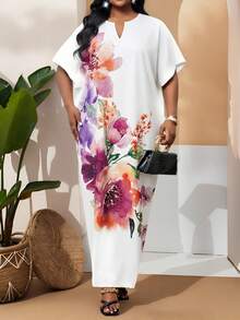 SHEIN Lady 大码优雅印花宽松V领连衣裙，夏季，白色印花连衣裙，女士宽松夏季连衣裙，女士春季连衣裙，女士印花连衣裙，卡夫坦连衣裙 - 彩色 - 查看 3