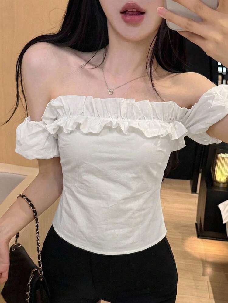Spring & Summer Fashionable Plaid Contrast Color Patchwork Off-Shoulder Ruffle Hem Casual Vacation Street Girlfriend's Day Wedding Party Fitted Elegant Ruffle Splice Short Sleeve Blouse For Women