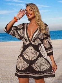 SHEIN Swim Lushore 女士春夏沙滩连衣裙，碎花V领收腰度假连衣裙，斑马纹罩衫套装，斑马纹连衣裙，女士沙滩连衣裙，卡夫坦连衣裙，沙滩罩衫 - 黑色 - 查看 4