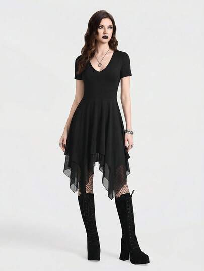 Breakform 女士哥特式V领修身短袖连衣裙，黑色连衣裙，针织面料网纱拼接下摆连衣裙，短袖连衣裙，不对称下摆连衣裙