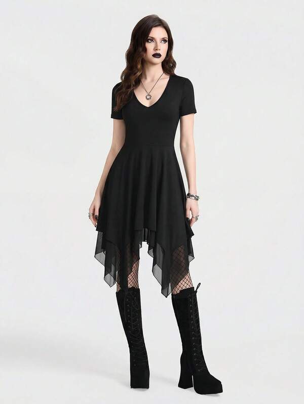 Breakform 女士哥特式V领修身短袖连衣裙，黑色连衣裙，针织面料网纱拼接下摆连衣裙，短袖连衣裙，不对称下摆连衣裙