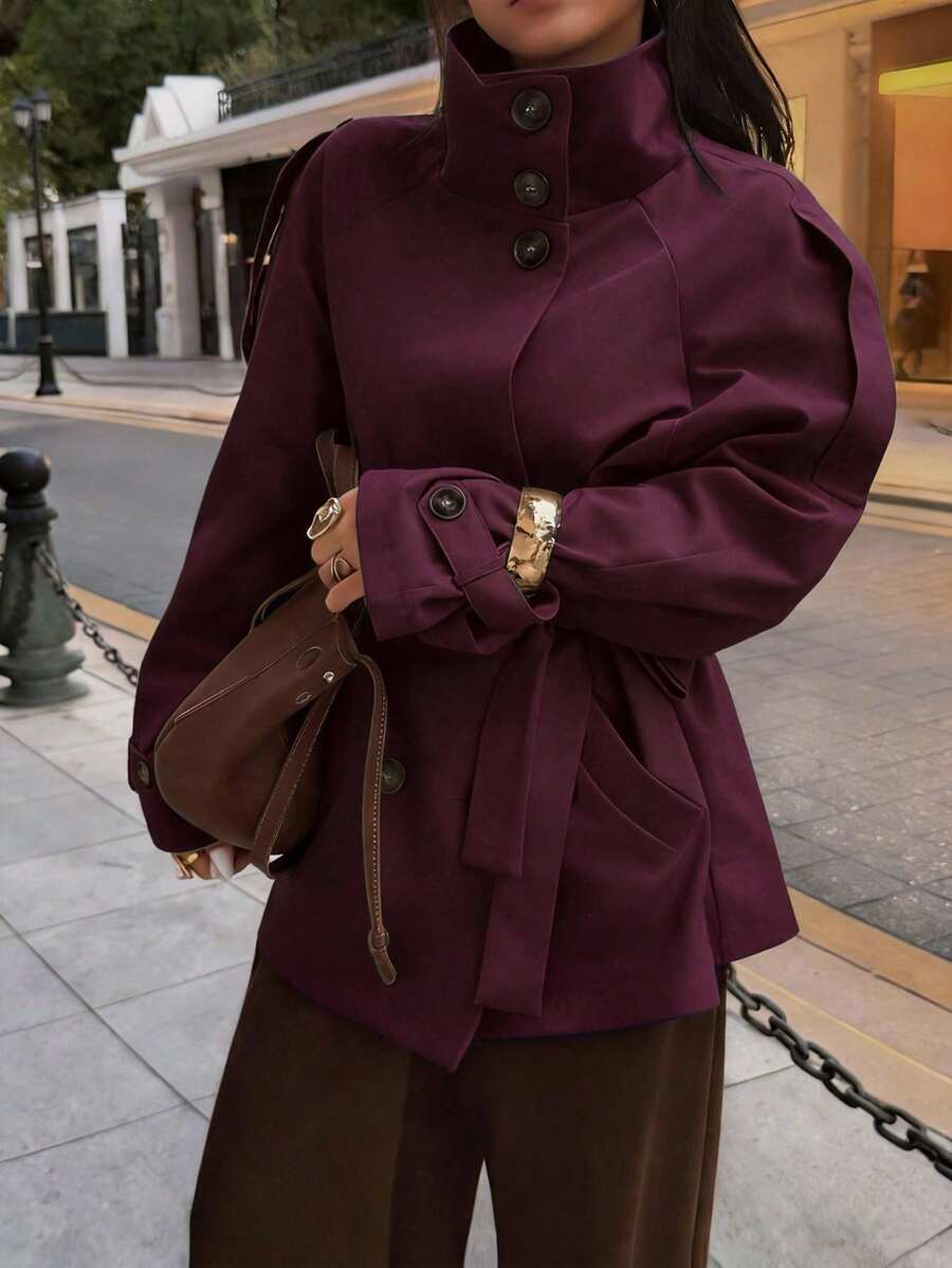 Elyressa Women's Solid Color Raglan Sleeve Tie-Waist Casual Trench Coat - Red Violet - View 1