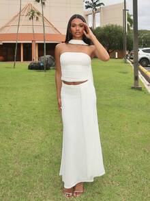 Natali Santanap 2 件套：粉色褶皱抹胸短款上衣和低腰褶皱荷叶边长裙，网眼材质，海滩度假装，波西米亚风露背长裙，女士演唱会服装，伴娘礼服套装，春夏 - 白色 - 查看 1