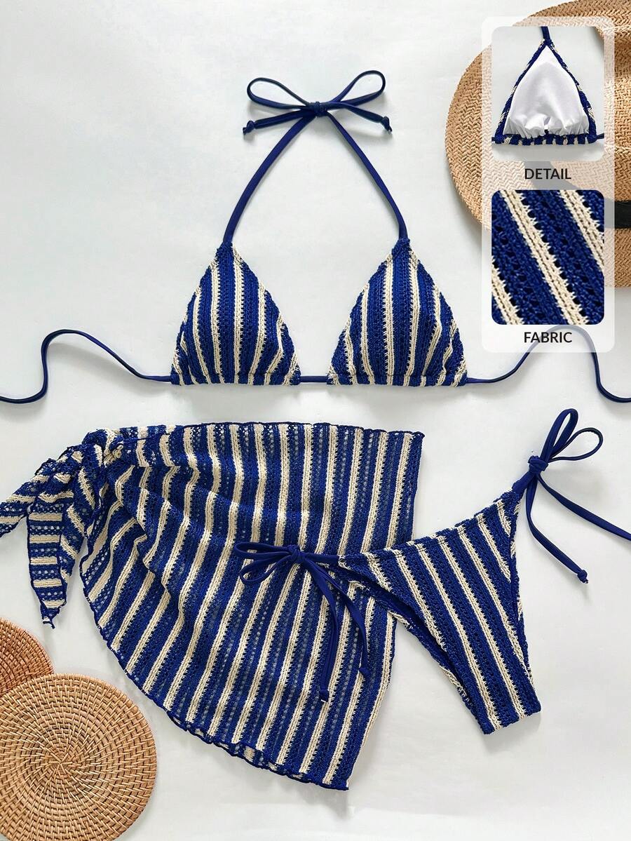 Swim Vcay 女士三件套纹理面料比基尼套装,度假休闲款 - 彩色 - 查看 1