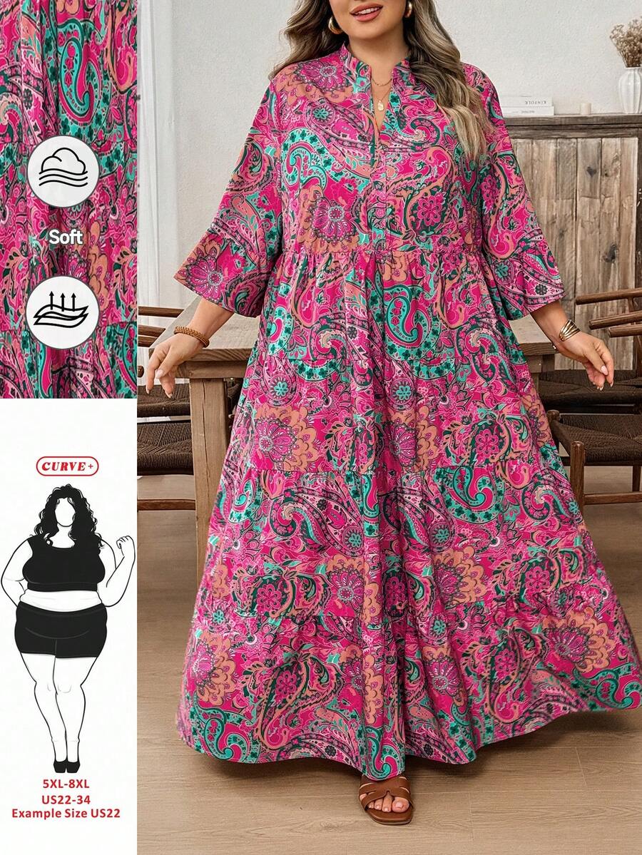 SHEIN CURVE+ Plus Size Women Floral Print Flare Sleeve Ruffle Hem Beach Dress Vacation Outfits Woman Dress Beach Vacation Outfits,Summer Dresses For Women,Maxi Dress Green And White Dress Green Floral Maxi Dress Tiered Maxi Dress Fall Women Clothes School Clothes Country Outfits Women Teacher Outfits For Women Country Outfits Women Fall Clothes For Women Fall Outfits Women Dresses For Women Casual - Red Violet - View 1
