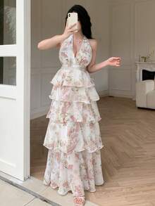 Celisse 雪纺印花露背系带荷叶边连衣裙，浪漫度假女装 - 白色 - 查看 1