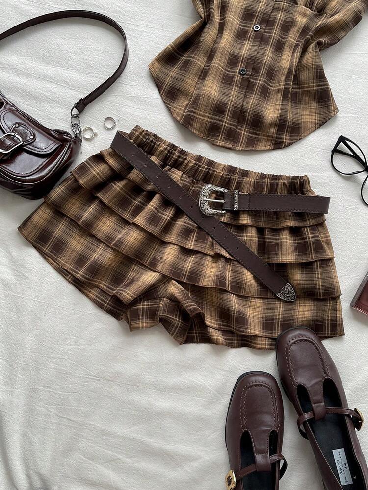 Attitoon Quần short nữ kẻ caro dáng suông có bèo nhún, thích hợp cho mùa hè. - màu nâu - Xem 8