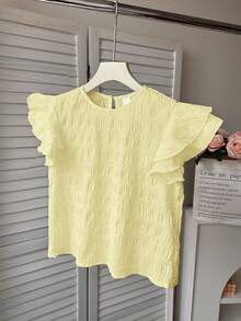 Kids Teen Girls Yellow Cute Summer Party Textured Woven Round Neck Ruched Ruffle Trim Flutter Sleeve Fitted Casual Blouse,French Elegant Vacation - Yellow - View 5