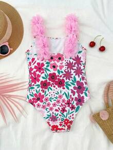 SHEIN 女童条纹蝴蝶结花卉连体泳衣 - 粉色 - 查看 2