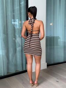 leahseptember Women's Casual Vacation, Beach Wedding Guest, Graduation, Brunch, St. Patrick's Day, Spring Break, Easter, Music Festival, Elegant Bohemian, Tropical Elegant Strapless, Off-Shoulder, Backless Mini Dress For Office/Work, Beach Outfit For Women Party - Brown - View 2