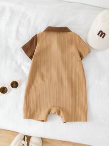 SHEIN Bộ áo liền quần tay ngắn hình gấu 3D dễ thương phối màu cho bé trai/bé gái sơ sinh, trang phục mùa hè cho bé. - màu nâu - Xem 2