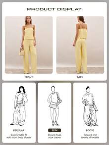 Nöista Textured Two Pieces Set In Soft Pastel Yellow, Featuring A Straight-Neck Camisole With Adjustable Straps And Matching High-Waist Wide-Leg Pants. Wear Together For A Coordinated Outfit Or Mix And Match, Spring, Summer, Vacation, Holiday, Outfit. - Yellow - View 10