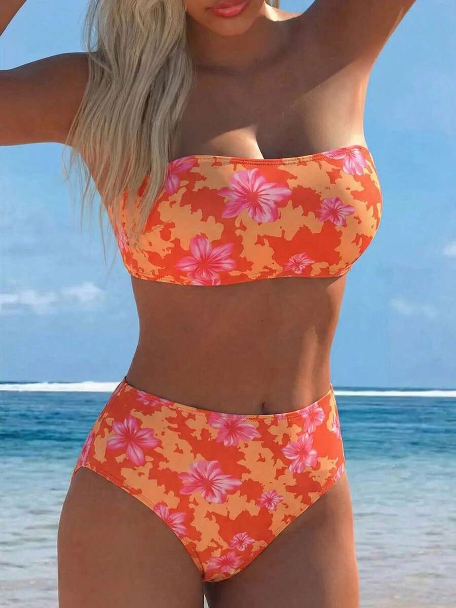 Swim Vcay 女士夏季荧光随机印花优雅度假休闲吊带抹胸泳衣上装和高腰泳裤比基尼套装 - 彩色 - 查看 1