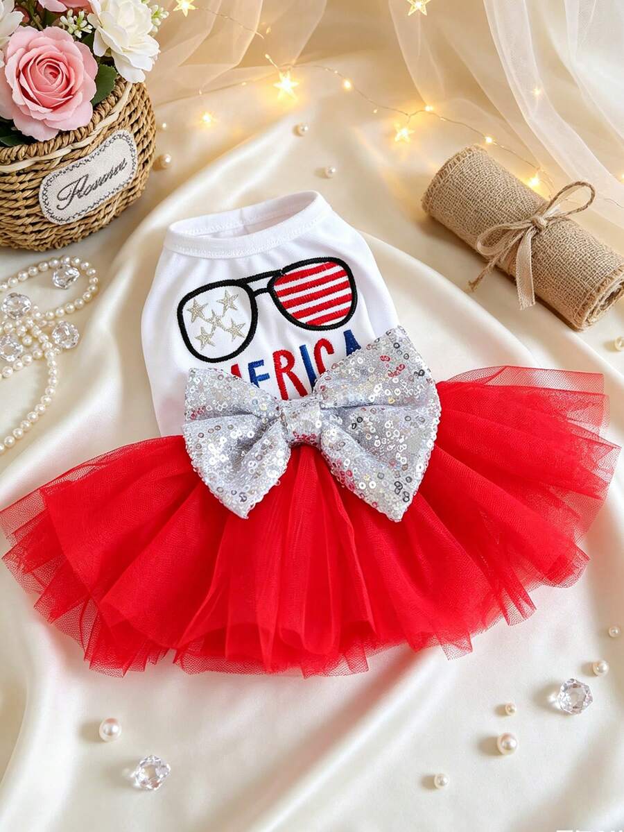 PETSIN 1 Piece Of Cat And Dog Universal Clothing, Embroidered With American Flag, Pet Puffy Skirt, Sequined Bow Decoration, Princess Style Small Dog Clothing - Red and White - View 1
