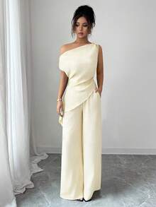 SHEIN Tall 女款春夏新款兩件套：極簡優雅通勤/休閒風 壓褶不對稱肩領上衣 + 長褲，海軍藍，適合高個女性 - 淡黃色 - 查看 6