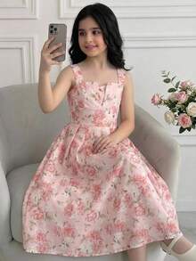 Tween Girls' Floral Print Sleeveless Maxi Dress, Pink, Spring/Summer - Pink - View 9