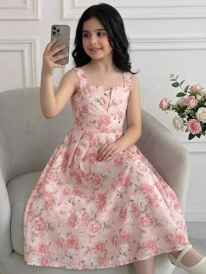 Tween Girls' Floral Print Sleeveless Maxi Dress, Pink, Spring/Summer