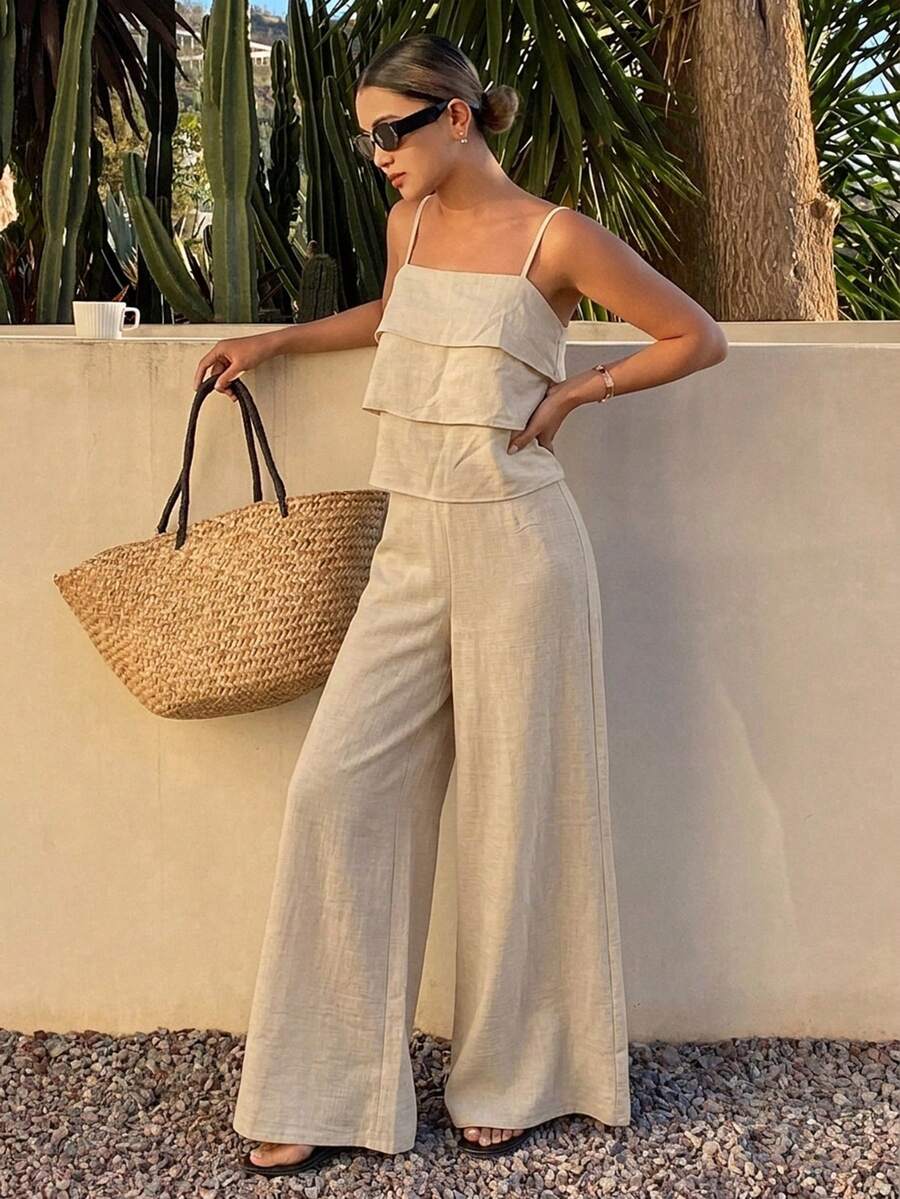 Livesso 两件套女士休闲吊带背心（荷叶边下摆）和裤子 - 米色 - 查看 1