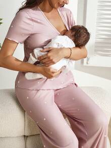 SHEIN Bộ đồ hai mảnh dành cho bà mẹ cho con bú - Bụi hồng - Xem 6