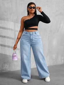 SHEIN PETITE CURVE 大码女式休闲日常通勤简约百搭浅蓝色水洗宽松阔腿牛仔裤 - 淺色水洗藍 - 查看 4