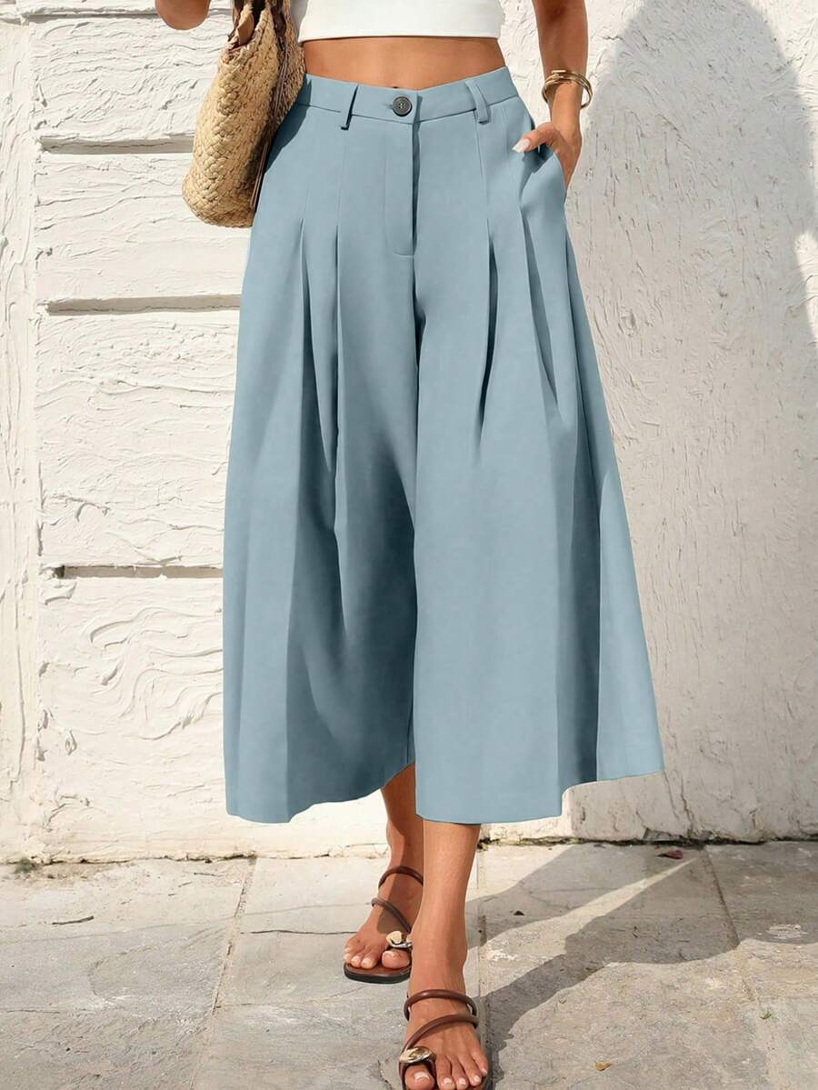 SHEIN Holidaya Women's Casual Linen Capri Pants, Suitable For Leisure, Beach, And Home - Dusty Blue - View 1