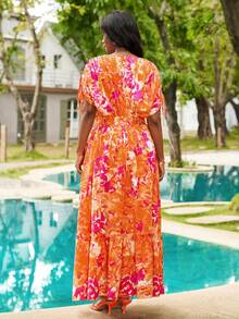 Reflora Vestido plus size de verão com decote em V profundo, cintura marcada, mangas morcego e estampa por toda a peça. - Multicolorido - Ver 2