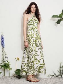 Aveloria Modichic Textured Bamboo Knot Linen Fabric, Ivory White & Grass Green Patchwork, Bohemian Resort Style, Halter Neck Twist Design, Abstract Floral Print, Twist Detail, Soft Fabric, Fitted Waist, Lightweight & Comfortable, Suitable For Summer Party, Beach Vacation, Date Picnic, Afternoon Tea, Outdoor Music Festival, Casual Travel, Romantic Date, Multi-Occasion Fashionable Twist Waist Criss-Cross Maxi Dress - Multicolor - View 5