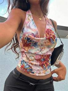 Aloruh 女士优雅亮片刺绣垂褶领露背上衣 - 彩色 - 查看 3