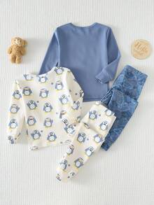 Cozy Pixies Bộ 4 món đồ chơi cho bé trai, họa tiết chim cánh cụt hoạt hình, chất liệu mềm mại, cổ tròn, tay ngắn và quần bó sát eo chun. - Xanh và trắng - Xem 2