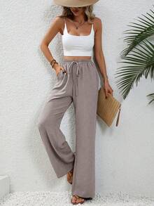 SHEIN Tall Women's Khaki Casual Vacation Style Elastic Waist Drawstring Relaxed Straight Leg Pants - Khaki - View 5