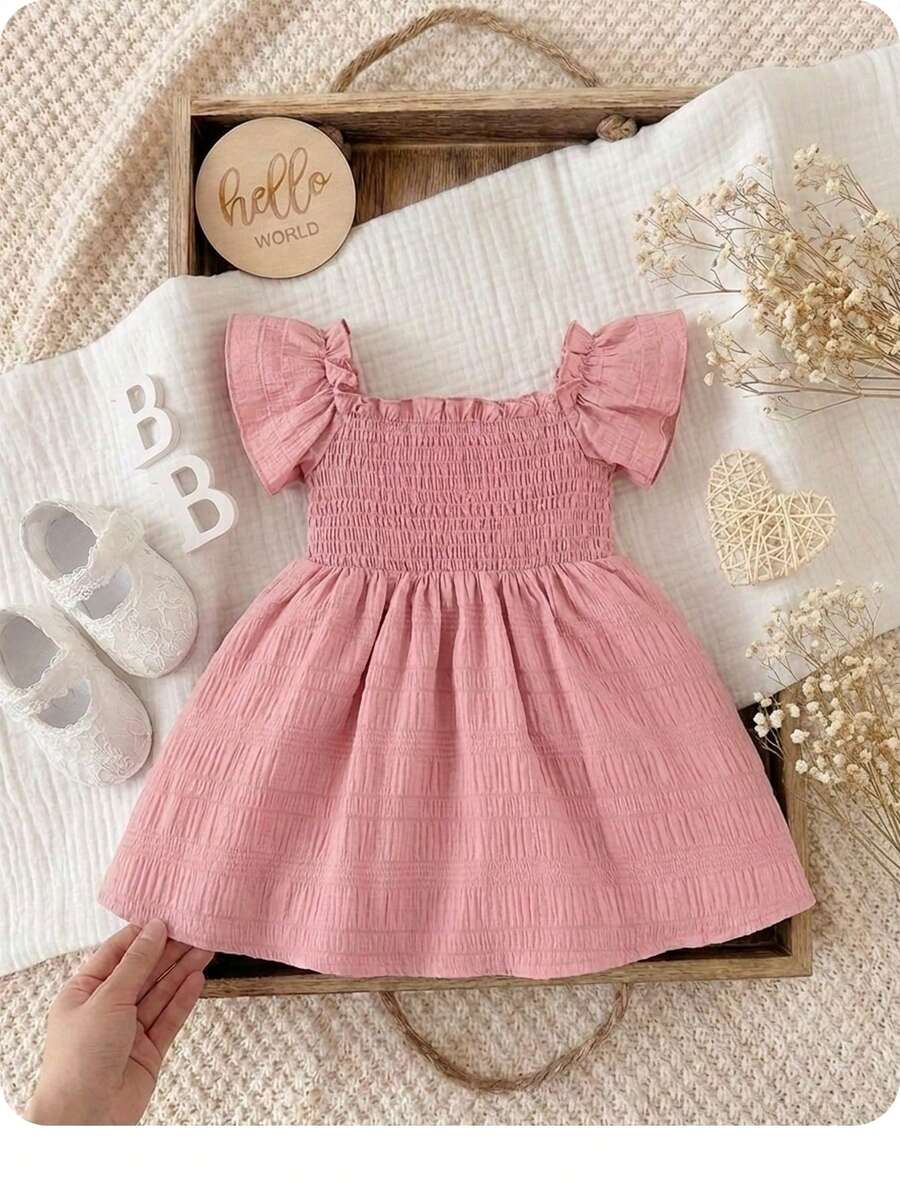SHEIN Dress Bayi Ruffle Shirred Plain Lucu - Dusty Pink - View 1