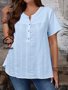 EMERY ROSE Plus Size Women Floral Embroidery Pattern Casual Versatile Daily Wear Shirt - Baby Blue - View 1
