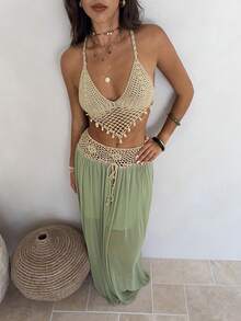 Aloruh Conjunto bohemio de ganchillo de verano para mujer, 2 piezas para uso diario de verano, ropa de verano, ropa de playa, conjunto de vacaciones de playa para mujer, conjunto de vacaciones, ropa de mujer estilo bohemio de vacaciones tropicales, ropa de mujer de vacaciones tropicales, top de punto de ganchillo y falda acampanada verde, conjunto de 2 piezas - Verde - Ver 5