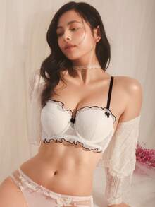 DelicateAllure 女士撞色滚边荷叶边吊带文胸 - 白色 - 查看 4