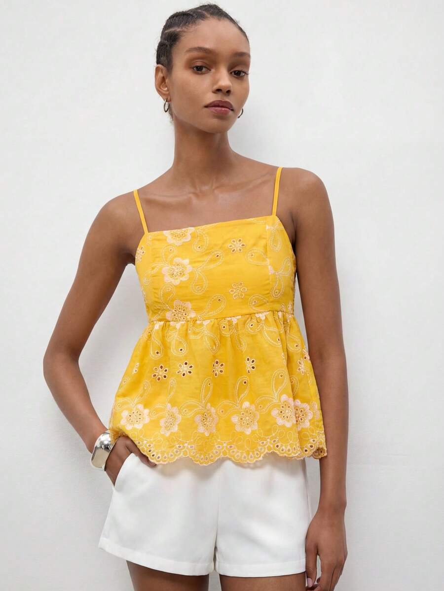 SHEIN Maija Women's Vacation Casual Hollow Floral Embroidery Camisole, Summer Tops, Summer Clothes, Summer Outfits , Summer Outfits For Women , Spring Outfit , Spring Tops , Party Top, Beach Outfit For Women, Beach Outfit, Elegant Women's Blouses, Casual Blouses For Women , Vacation , Summer Holiday Outfits , Country Style For Women, Country Concert Outfit Yellow Summer Top - Yellow - View 1