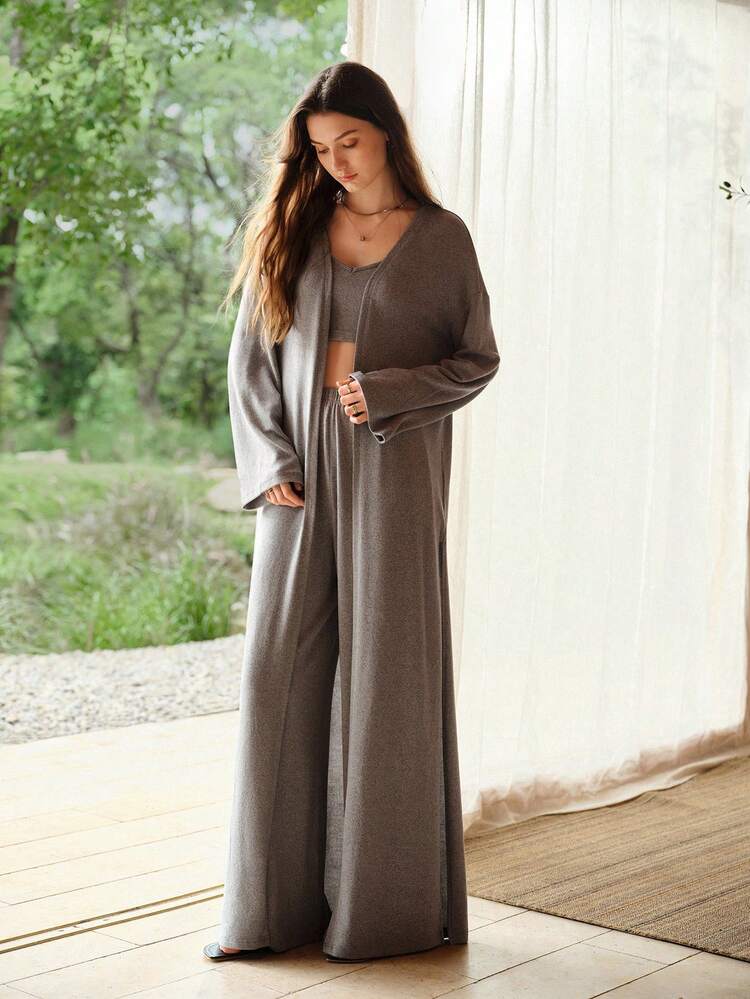 3PCS SOFT KNIT CAMISOLE TOP & LONG PANTS & ROBE LOUNGEWEAR SET, CASUAL HOME WEAR