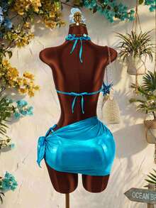 Amplova 女士海星装饰泳衣套装，性感前卫，适合度假，可爱迷你两件套，亮蓝色面料 - 彩色 - 查看 6