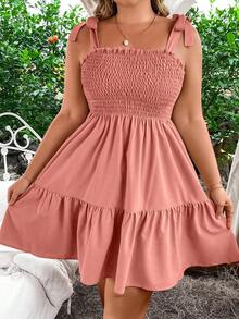 Vionelle Plus Size Women's Summer Beach Vacation Solid Color Shirred Bodice Knotted Shoulder Ruffle Hem Cinched Waist Camisole Dress - Dusty Pink - View 3