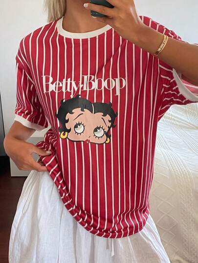 DAZY 女士卡通肖像条纹印花圆领短袖T恤