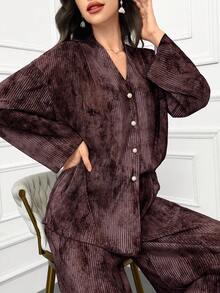 Modelyn Women's Batik Print Drop Shoulder Long Sleeve Top And Loose Casual Pants 2pcs Set, Spring Summer 2 Pieces Set - Brown - View 8