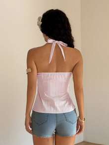 Sunnyshic Women's Casual Simple Solid Color Pleated Halter Neck Blouse, Summer - Baby Pink - View 2